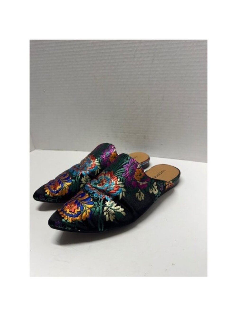 Lucky Brand Embroidered Floral Brocade Pointed Toe Mules Black Multi 37.5 7